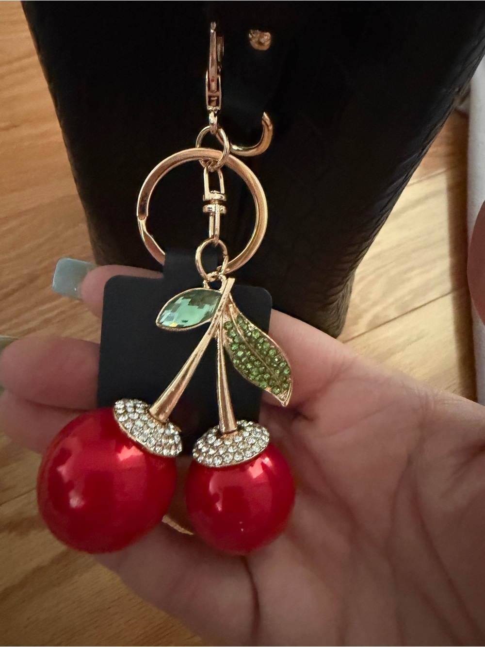 Cherry Keychain Charm with Red Enamel and Green Crystal Leaves